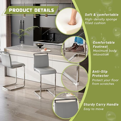 Bar Stools Set of 6, 25" Counter Height, Light Grey Faux Leather, Chrome Plated Metal Leg Dining Chair