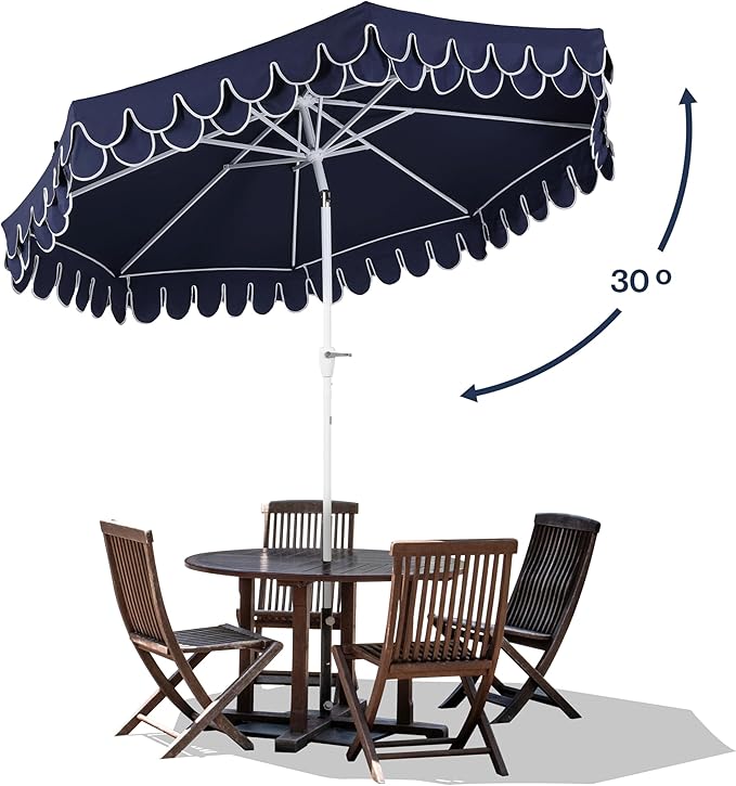 JONATHAN Y UMB1002G Tracy 9 ft. Classic MidCentury Scalloped Fringe Market Patio Umbrella with Auto-Tilt Crank, Wind Vent and UV Protection in Navy/White, White Pole