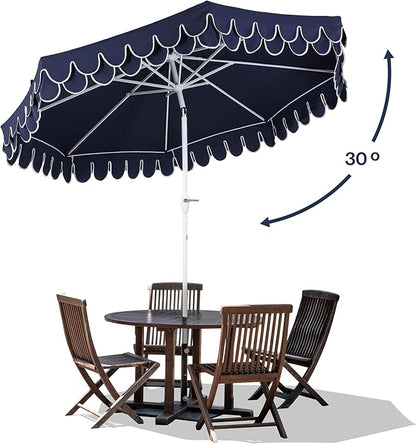 JONATHAN Y UMB1002G Tracy 9 ft. Classic MidCentury Scalloped Fringe Market Patio Umbrella with Auto-Tilt Crank, Wind Vent and UV Protection in Navy/White, White Pole