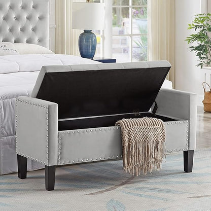24KF Velvet Modern Upholstered Tufted Button Storage Bench with Arms for Bedroom,Entryway Living Room Soft Padded Seat -Gray