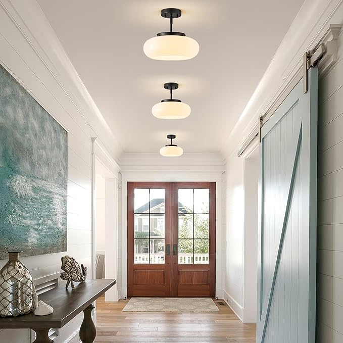 Mid-Century Modern Black Semi Flush Mount Ceiling Light, 3-Light Kitchen Light Fixtures with Glass Shade for Entryway Hallway Bathroom Bedroom (12.6 Inch)