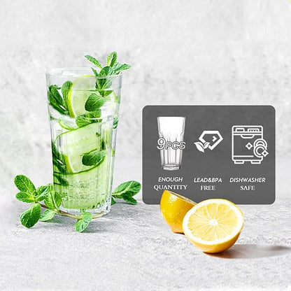 Etolies Highball Drinking Glasses Set of 9, Water Glasses 16 oz,Iced Tea Glasses for Water, Juice, Cocktails,Milkshake,Coke,Soda,Beverages. Heavy Base Tumbler,Kitchen and Bar Glassware,Gifts for Dad