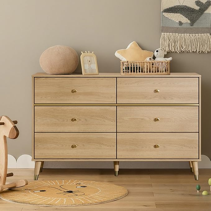 6 Drawer 47" Wide Mid Century Modern Chest of Drawers, Woody