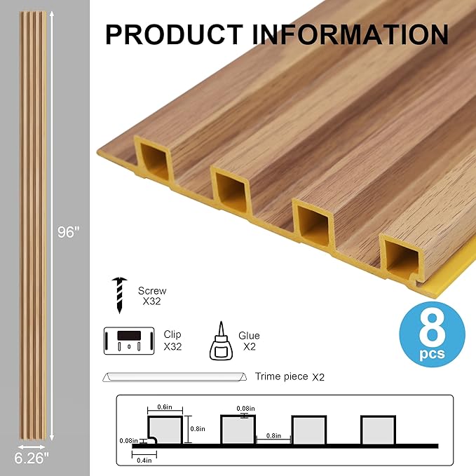 8-Pack WPC Slat Wall Panels - 3D Wall Panels, Water-Proof and Easy Installation, Accent Slat Wall Paneling for Living Room, Office, Teak, 96 x 6.6 Inch