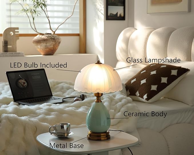 Vintage Lamp for Living Room,16" Modern Ceramic Table Lamps for Bedroom,Retro Bedside Nightstand Traditional Lamps, Classic Chinoiserie Green Lamp for Home Decor (LD001)
