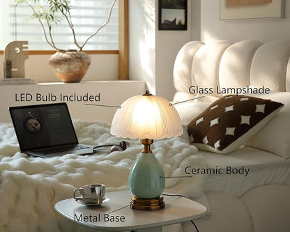 Vintage Lamp for Living Room,16" Modern Ceramic Table Lamps for Bedroom,Retro Bedside Nightstand Traditional Lamps, Classic Chinoiserie Green Lamp for Home Decor (LD001)