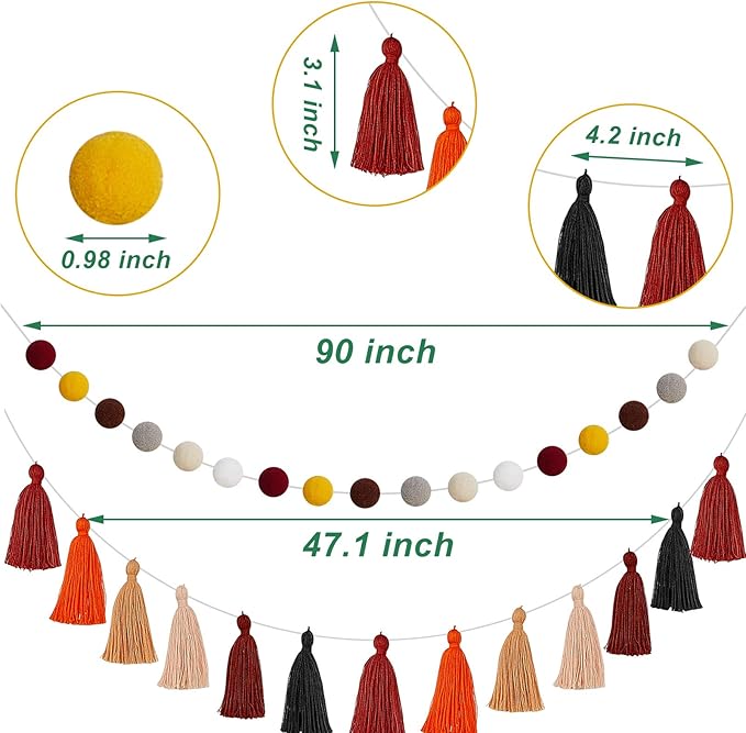 Syhood 4 Pcs Thanksgiving Christmas Pom Pom Tassel Garland Fall Felt Ball Banner Decorative Colorful Pompom Garland for Thanksgiving Autumn Xmas Theme Party Classroom Home Decor(Classic Colors)