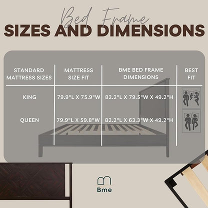 Bme Ethan Queen Bed Frame with Diamond Headboard, Mid-Century Modern, Solid Acacia Wood, No Box Spring Needed, Fits All Mattresses, Rustic Black