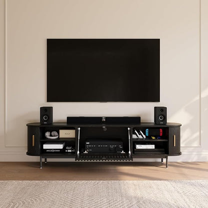 POVISON Fully-Assembled Mid Century Modern TV Stand, Sliding Tambour Door Entertainment Center with Storage, Wood TV Console, Media Console for Living Room Bedroom(Black, 78.74")