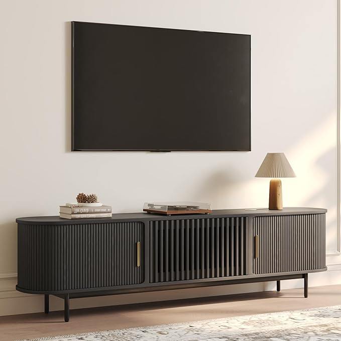 POVISON Fully-Assembled Mid Century Modern TV Stand, Sliding Tambour Door Entertainment Center with Storage, Wood TV Console, Media Console for Living Room Bedroom(Black, 78.74")