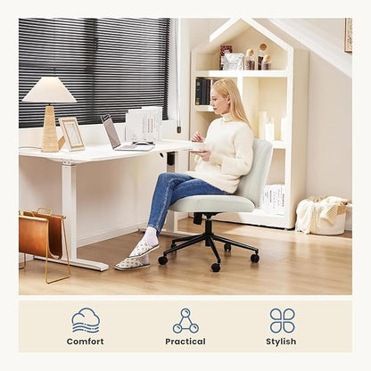 DUMOS Criss Cross Chair with Wheels, Legged Office Armless Wide Desk Seat Dual-Purpose Base, Adjustable Swivel Leather Task Vanity Home Desk Seating, Cream