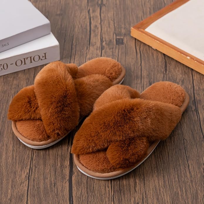 Women's Slipper Memory Foam Cross Band Fuzzy Slippers Open Toe Cozy House Slippers Cozy Plush Bedroom Indoor Outdoor