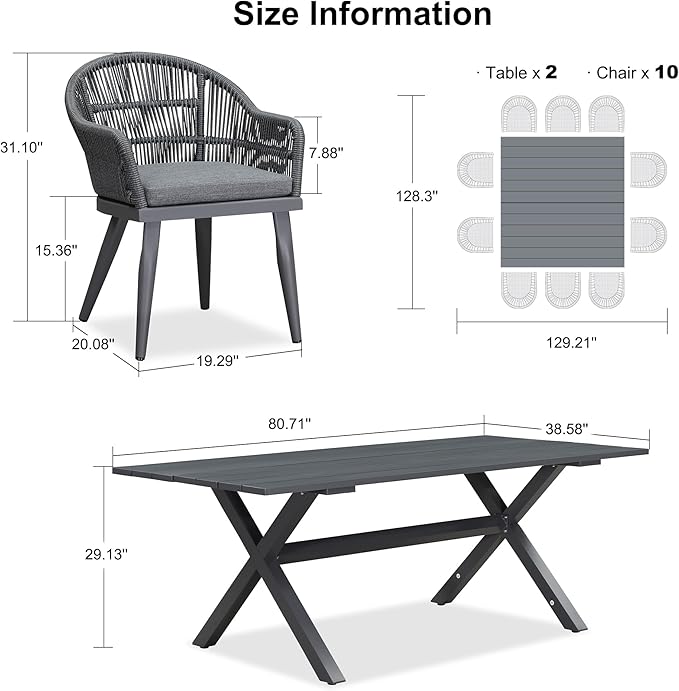 PURPLE LEAF 12 Pieces Patio Dining Set with Outdoor Aluminium Dining Table and Woven Chairs Modern Metal Furniture Cushions Sets for Garden Yard Indoor Decor Kitchen Gray