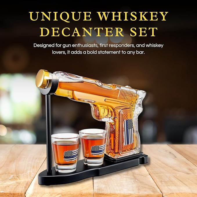 Police Flag Gifts for Men Dad, Father Whiskey Decanter Set - 8 Oz with Two 2 Oz Glasses, American Pistol Gun Anniversary Birthday, Home Bar Gifts, First Responder Present Dispenser, Husband Bar Gift