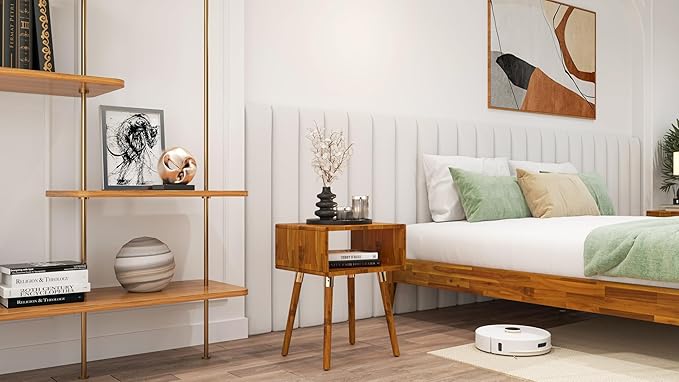 Bme Dinkee Solid Wood Nightstand Bedside Table Without Drawer for Mid Century Bedroom and Living Room, Caramel