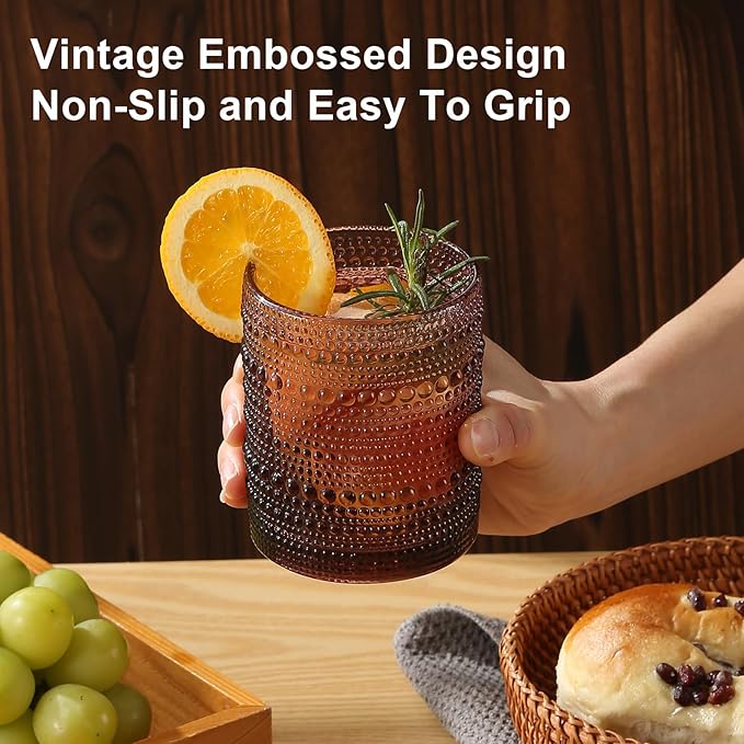 Vintage Hobnail Drinking Glasses Set of 8,Purple 12 oz & 15oz Highball Glass Cups, Kitchen Drinkware Glassware
