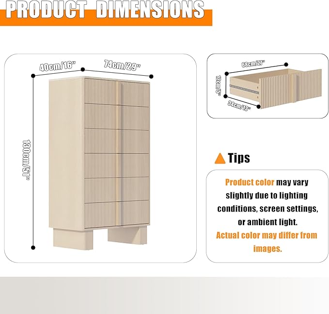 Fluted Dresser for Bedroom with 6 Drawers, 51'' H Modern Chest of Drawers with Wooden Handle, Wooden Dresser TV Stand, Wood Closet Clothes Storage Organizer for Living Room, Hallway, Whitewashed Oak