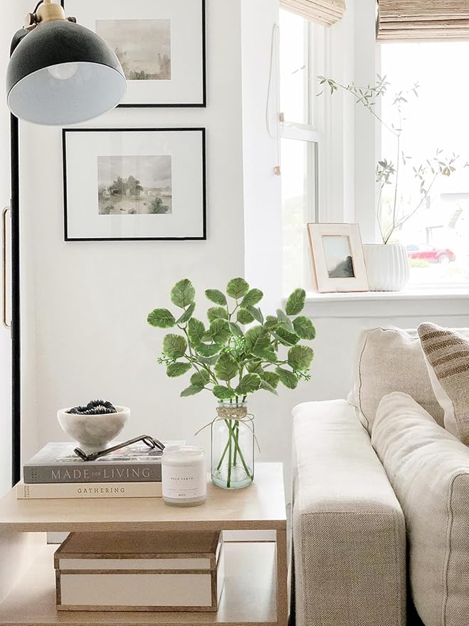 Fake Plants Eucalyptus Stems in Glass Vase with Faux Water, Artificial Plants Eucalyptus Leaves for Shelf Desk Bathroom Farmhouse Home Decor