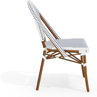 Martha Stewart Lily Pond Indoor-Outdoor Stackable Aluminum Bistro Outdoor Chair with Natural Woodgrain Frame Finish and White/Navy Woven Rattan Backrest and Seat