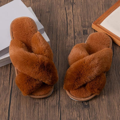 Women's Slipper Memory Foam Cross Band Fuzzy Slippers Open Toe Cozy House Slippers Cozy Plush Bedroom Indoor Outdoor