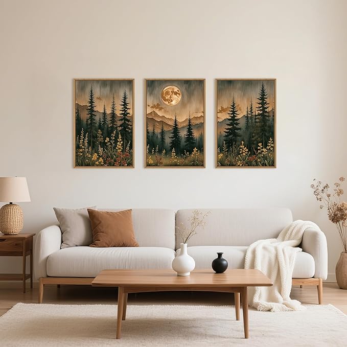 HOURIA Nature Forest Mountain Framed Canvas Wall Art Set,Moonlight Pine Tree Flower Wall Decor,Wilderness Field Wall Painting,Vintage Botanical Art Prints for Living Room,Bedroom,Farmhouse-16 x24 x3