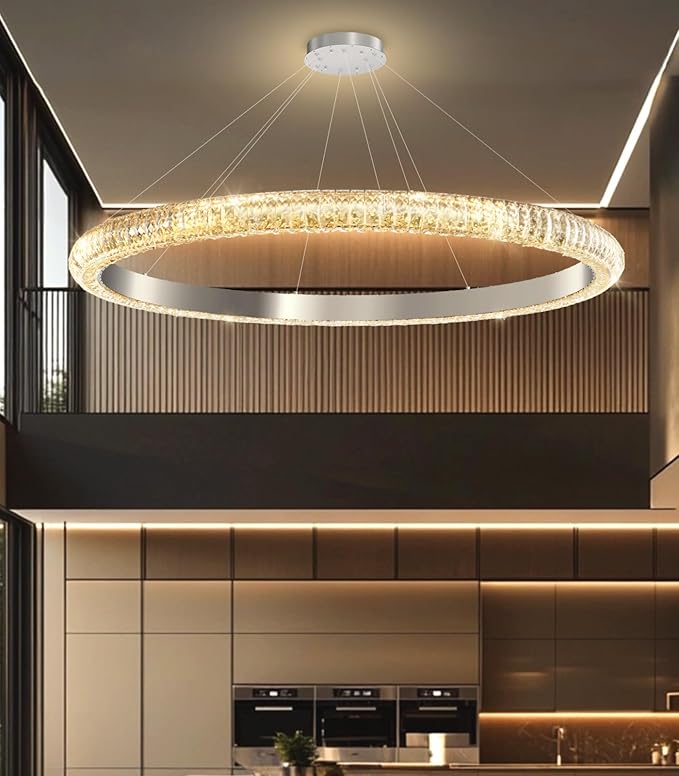 40" 1 Ring Crystal Chandelier Modern LED Dimmable Ring Pendant Light Chandelier for Dining Room Living Room Silver