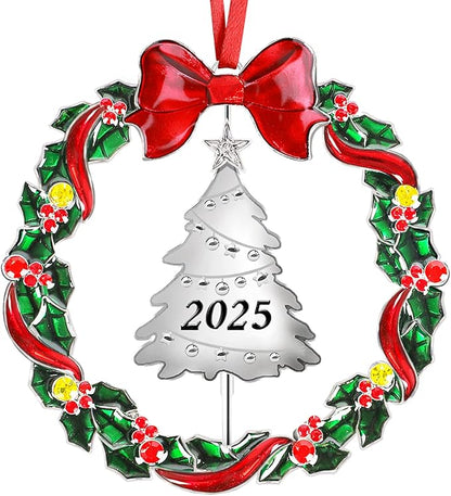 2025 Christmas Ornaments for Tree,Christmas Wreath Ornaments 2025 with Rotatable Tree for Christmas Tree Decorations Holiday Decorative Annual Keepsake Gift (Metal,Silver)