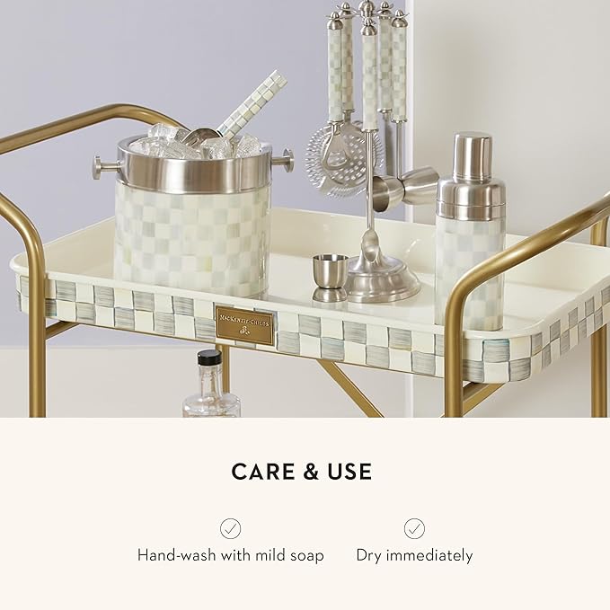 MACKENZIE-CHILDS 3260 Ice Bucket, Decorative Stainless-Steel Bucket and Ice-Cube Bin, Gray-and-White Sterling Check