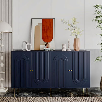Modern Sideboard Buffet 60" Accent Cabinet, Navy Blue Wood Credenzas Entryway Table with Storage for Living Room Home Bar, 4 Doors & Adjustable Shelves