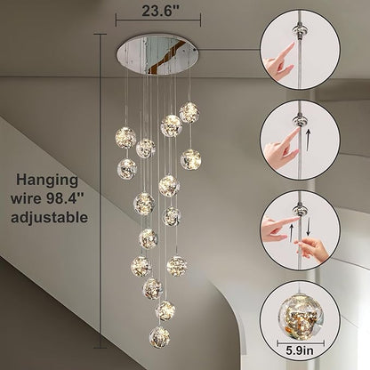 15-Light LED Staircase Chandelier Crystal Ceiling Lights Large Chandeliers for High Ceilings, Entryway Modern Lighting Fixture Villas and Stairs, Adjustable Length 23" W x100 H,75W