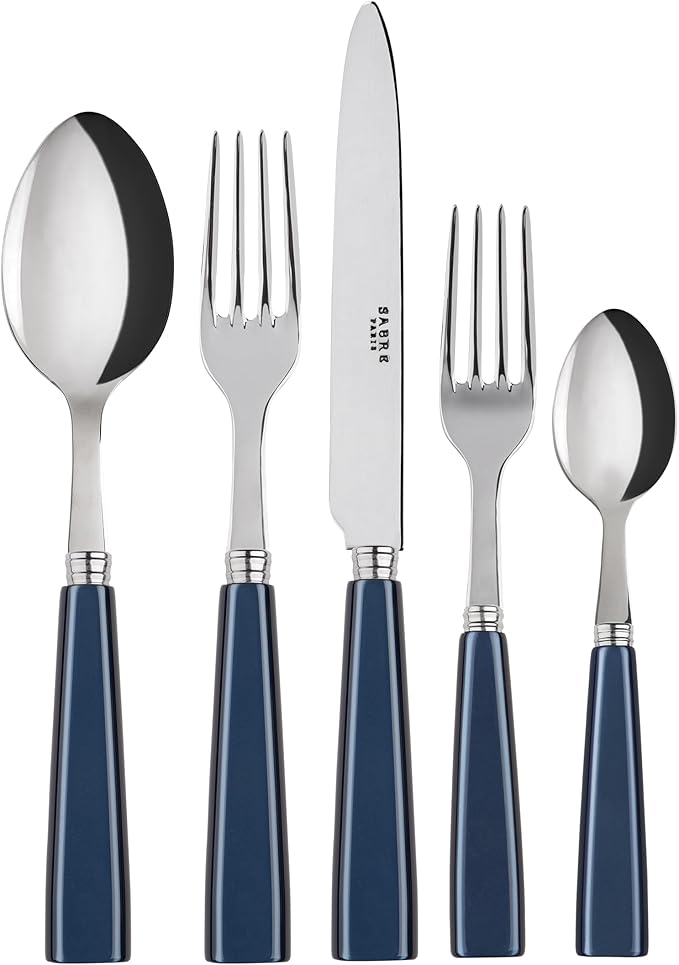 5-Piece Flatware Set - Icône Collection - Knife, Fork, Soup Spoon, Teaspoon & Dessert Fork - Stainless Steel & Acrylic - Dishwasher Safe - Midnight Blue