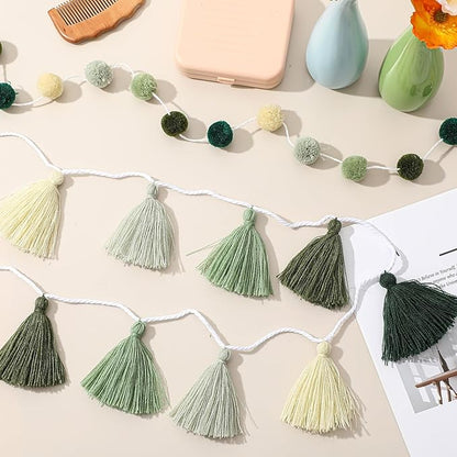 Syhood 4 Pcs Christmas Pom Pom Tassel Garland Felt Pompom Ball Banner Christmas Tassel Garland for Xmas Tree Hanging Decorations Party Supplies Home Decor(Sage Green)