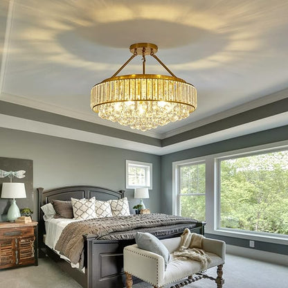 YYJLX 6-Light Modern Large Crystal Chandelier Gold Metal E26 Semi Flush Mount Round Ceiling Light Fixture Ceiling Lamp Farmhouse for Dining Room Living Room Laundry Room Foyer Kitchen Bedroom