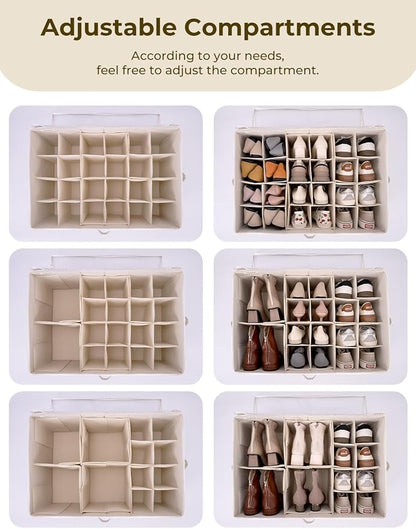 StorageWorks Shoe Organizer for Closet, Fits up to 24 Pairs, Shoe Cubby Storage Containers with Adjustable Dividers and Clear Cover, Gray and White Stripes