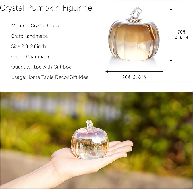 HDCRYSTALGIFTS 2.8’’ Crystal Pumpkin Figurine Art Glass Pumpkins for Decorating Harvest Glass Paperweight Fall Harvest Halloween,Champagne Color