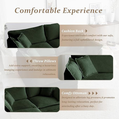 SoarFlash Chenille Sectional Sofa, Comfy L Shaped Modular Coush Sofa with Ottoman, Modern 2 Seat Couch Deep Seat Sofa Set for Living Room,Green