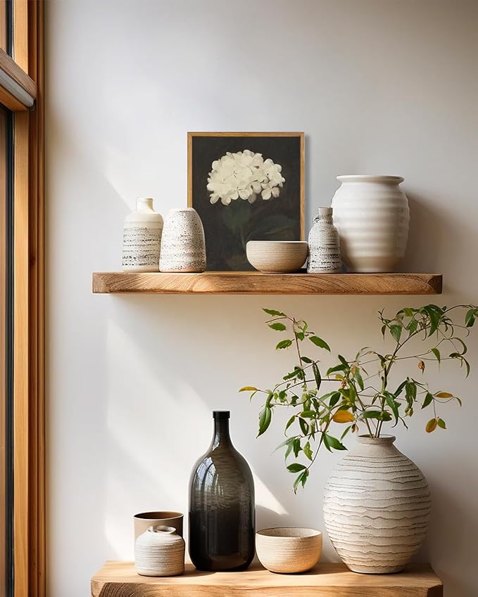 KBKBART Framed Wall Art Vintage Wall Art Room Decor, White Hydrangea Still Life Flower Canvas Oil Painting Prints, Classical Floral Wall Decor, Bedroom Bathroom Pictures Artwork（8“x10