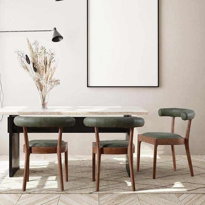 Wood Dining Chairs Set of 4, Mid Century Modern Living Room Chairs with Unique Curved Open Back Comfy Upholstered Side Chair for Kitchen/Restaurant/Reception, Faux Leather Green