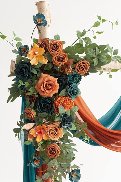 Ling's Moment Teal Orange Artificial Wedding Arch Flowers Kit Pack of 4, 2pcs Hanging Flower Arrangement 2pcs Chiffon Drapes Ceremony Reception Fake Rose Arbor Backdrop Floral Party Outdoor Decoration