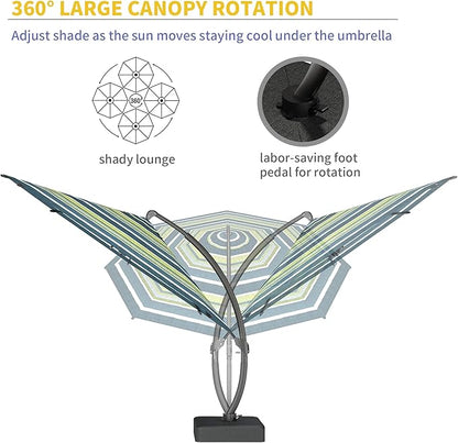 Kingdura 12ft Offset Cantilever Patio Umbrella with Base Included, Large Round Aluminum Outdoor Umbrella, 360° Rotation & Infinite Tilt, Heavy Duty Frame for Deck Pool Backyard, Green Stripe