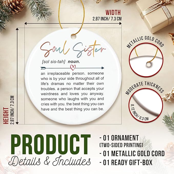 ZAGKOO Soul Sister Christmas Ornament 2025 - Soul Sister Gifts for Women, Best Friend Christmas Ornament, Friendship Gift for Bestie, BFF, Close Friend - Xmas Decoration Ceramic Ornaments 2025