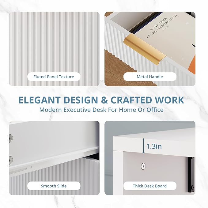 FURSUN 58" Modern Executive Desk with Storage, Home Office Desk with Drawer & Cabinet, Wooden Fluted Desk for Study, Living Room, Bedroom, White