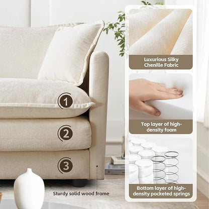 SoarFlash Chenille Sectional Sofa, Comfy Modular Coush Sofa with Ottoman, Modern 3 Seat Recliner Deep Seat Sofa Set for Living Room,Light Coffee