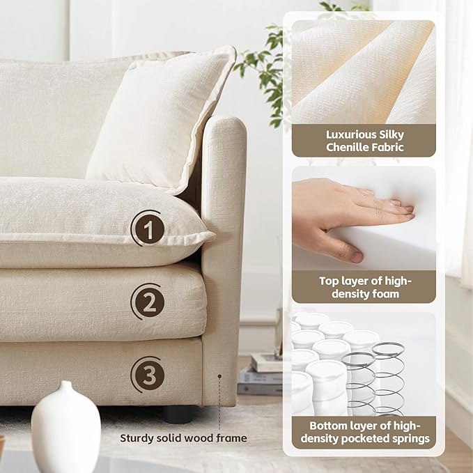 SoarFlash Chenille Sectional Sofa, Comfy L/U Shaped Modular Coush Sofa with Ottoman, Modern 4 Seat Couch Deep Seat Sofa Set for Living Room,Light Coffee