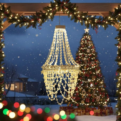 Solar Hanging Crystal Chandelier Outdoor Garden Decorative Lights Powerful Lithium Battery 54 Warm White LEDs Waterproof Hanging Lantern for Christmas Garden, Yard, Patio, Gazebo, Party, Wedding