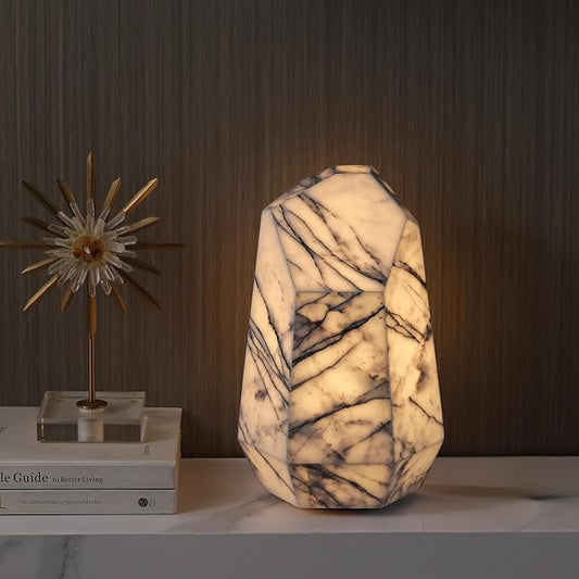 Handcrafted Real Marble Table Lamp, Stone Lamp with Tri-Color Dimmable LED, Bedside Lamp, Small Table Lamp for Home Decor, Table Lamp for Bedroom Living Room, Multifacet