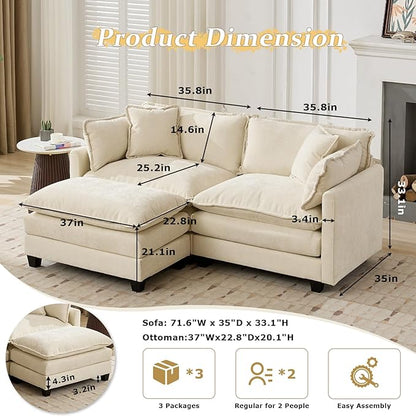 SoarFlash 71.6" Chenille Sectional Sofa, Comfy L Shaped Modular Coush Sofa with Ottoman, Modern 2 Seat Couch Deep Seat Sofa Set for Living Room,Beige