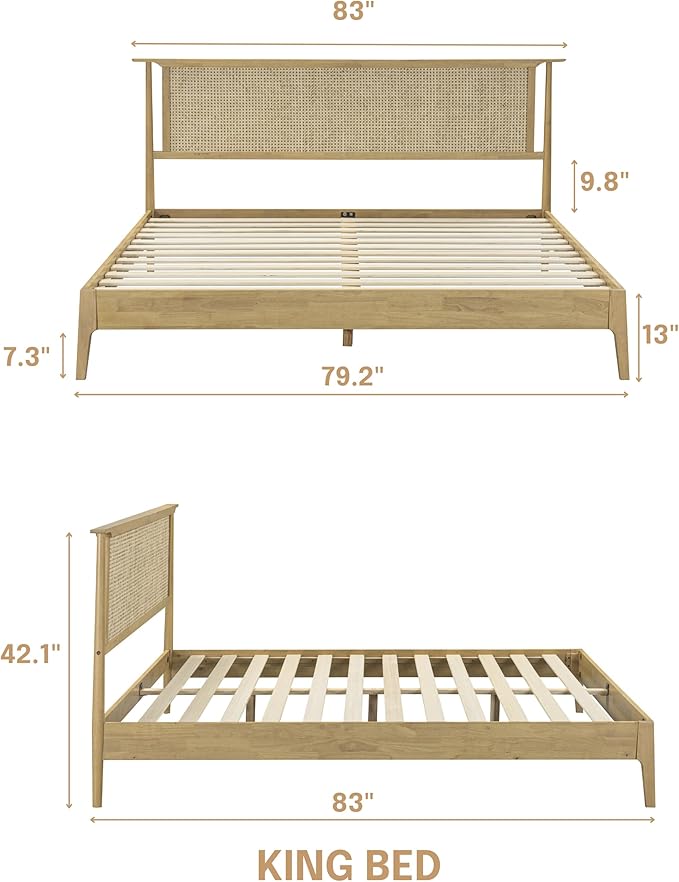 NTC Ruby Wooden Bed Frame with Headboard, Solid Wood Foundation with Silent Slats and Wood Central Supports, 1000 Lb Capacity, Effortless Assembly, Multiple Sizes and Colors (Sand, King)