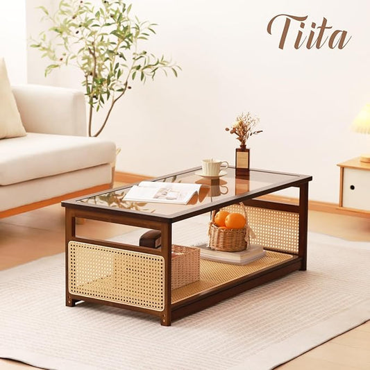 Tiita Coffee Tables for Living Room，Mid Century Modern Storage 2-Tier Coffee Tables，Rattan Glass RectangleTables，Suitable for Living Room Apartment，Brown