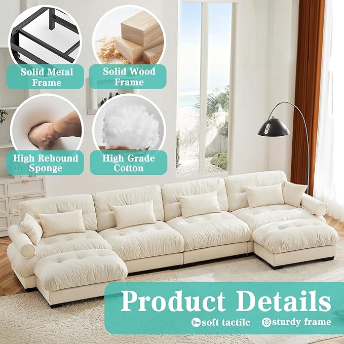 SoarFlash Sectional Sofa Couch, U Shaped Modern Modular Sofa with Solid Wood Legs, Couches Sofas for Living Room Apartment, Comfortable Couches, Beige
